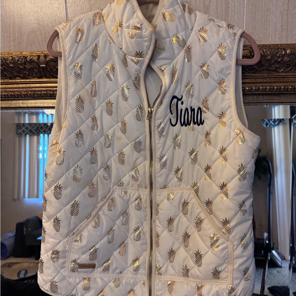 White Quilted Vest with Gold Pineapple Design